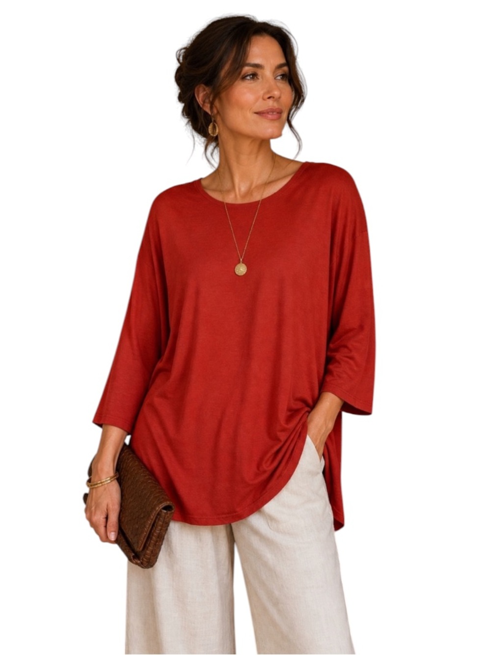 Chico’s Tunic Top Size 2 (L) Rust 3/4 Sleeve Stretch Momcore
